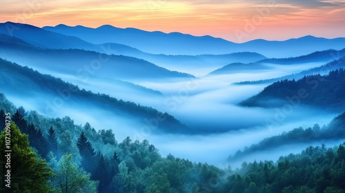 Stunning misty mountains at sunrise with a serene and tranquil atmosphere.
