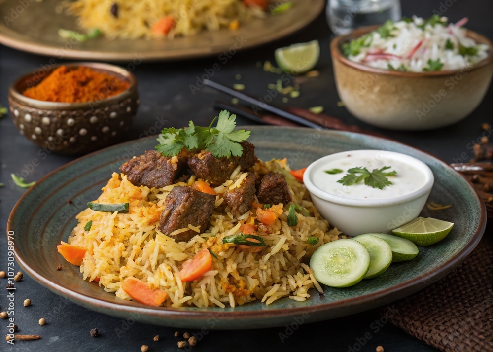 Night Photography of Spicy Lamb Biryani with Carrot and Cucumber Sambals Accompanied by Herb and Yoghurt Sauce on a Rustic Table Setting in Durban Night Photography of Spicy Lamb Biryani with Carrot and Cucumber Sambals Accompanied by Herb and Yoghurt Sauce on a Rustic Table Setting in Durban