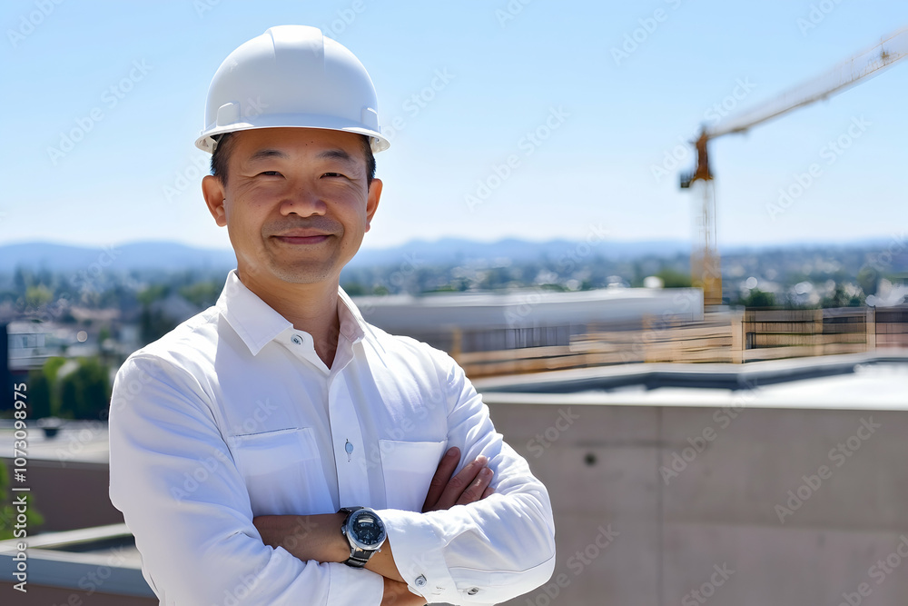 Construction worker in hard hat, white uniform, confident pose, sunny industrial site Construction worker in hard hat, white uniform, confident pose, sunny industrial site