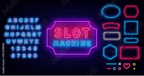 Slot machine neon emblem. Geometric frames set. Shiny blue alphabet. Vector stock illustration