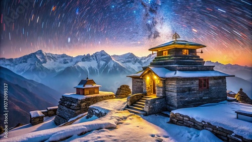 Night View of Tungnath Temple in Chopta, Uttarakhand with Snow-Covered Peaks and Starry Sky, Capturing the Spiritual Essence of the Highest Shiva Temple in the World photo