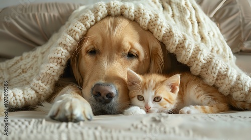 Golden Retriever and Kitten Cuddling Under Blanket