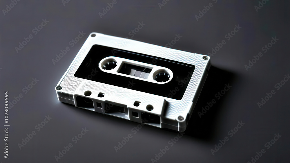 Fototapeta premium A white and black cassette tape is laying on a dark surface