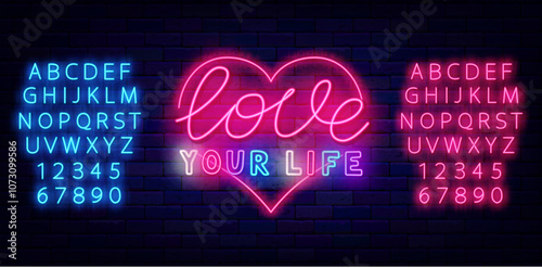 Love your life neon phrase. Heart shape frame. Motivational emblem. Vector stock illustration