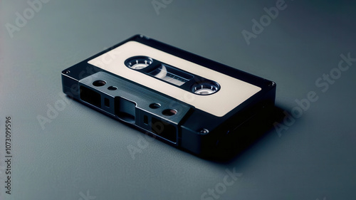 A black and white cassette tape is laying on a grey surface