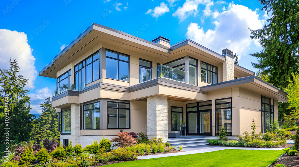 Modern suburban house with large windows, beige exterior, sunny day, minimalist facade Modern suburban house with large windows, beige exterior, sunny day, minimalist facade