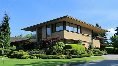 Modern suburban house with large windows, beige exterior, sunny day, minimalist facade