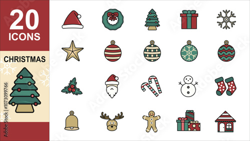 Merry Christmas and Happy New Year! 2025. Vector modern geometric abstract illustration of Santa Claus, christmas tree, balls, snowman, gift for greeting card, for congratulation