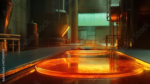 A view down a factory floor with industrial equipment, pipes and glowing molten metal in the foreground.