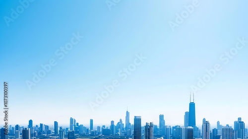A city skyline with a clear blue sky.