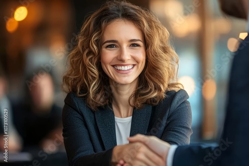 Happy mid aged business woman handshaking during office meeting with client at job interview