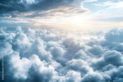 fluffy clouds against a bright blue sky, with a ray of sunlight piercing through the clouds.