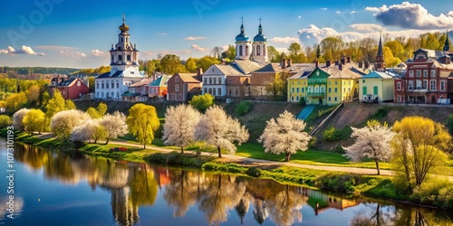 Panoramic View of Torzhok’s Tvertsa River Embankment with Historic Houses and Church on a Sunny Spring Day in Vintage Style Photography photo