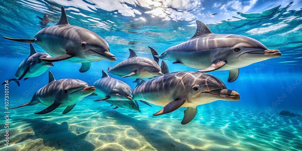 Obraz premium Playful Bottlenose Dolphins Swimming Together in Clear Blue Water, Capturing the Joy and Grace of Marine Life in a Natural Habitat Setting