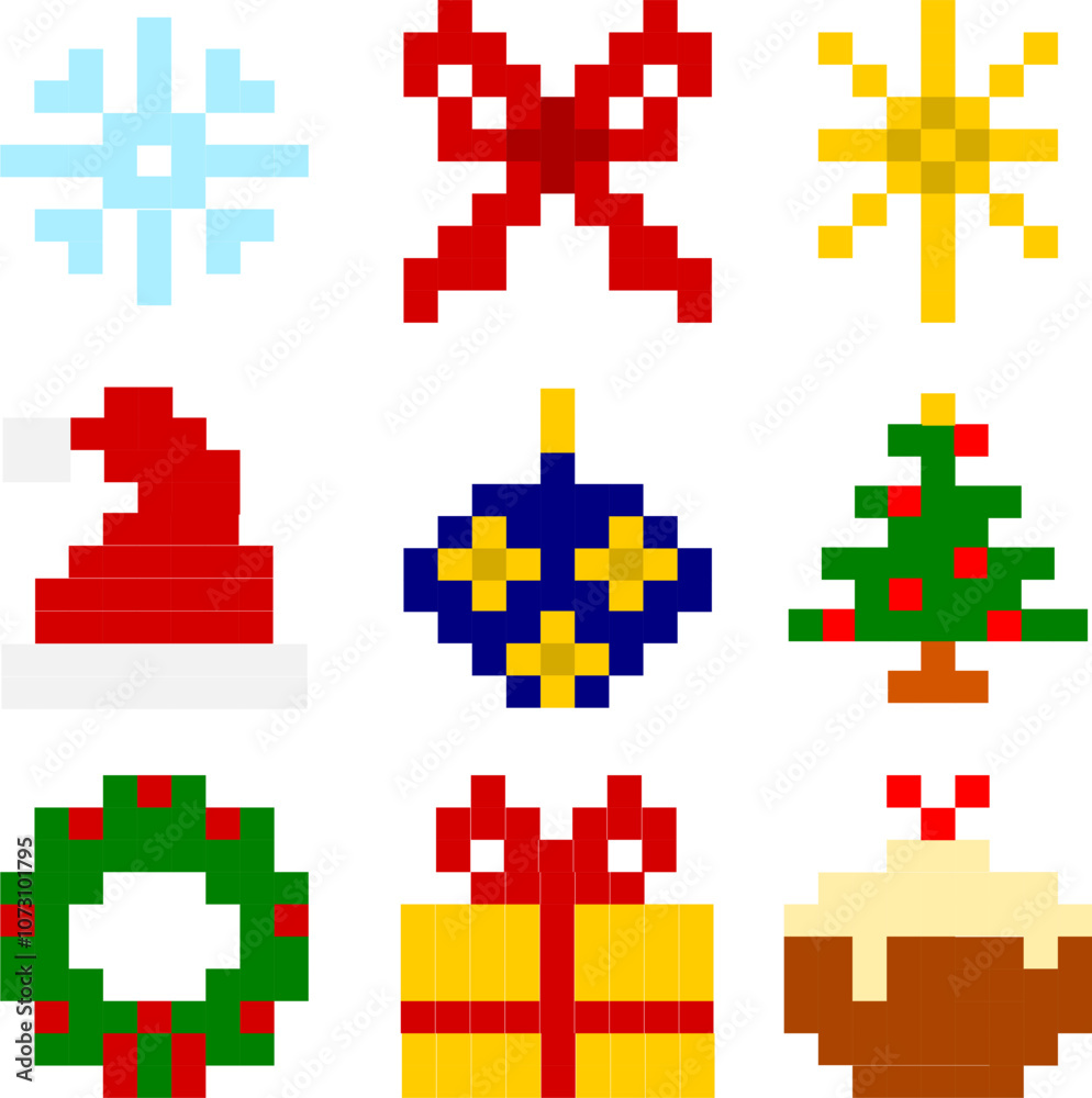 Set of Christmas pixel art minimal vector image or clipart for decoration or designs Set of Christmas pixel art minimal vector image or clipart for decoration or designs