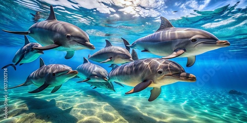 Playful Bottlenose Dolphins Swimming Together in Clear Blue Water, Capturing the Joy and Grace of Marine Life in a Natural Habitat Setting