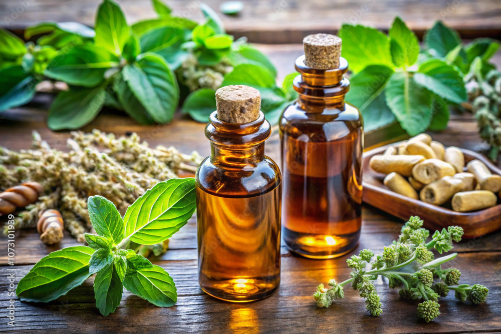 Essential oils of tulsi and ashwagandha in small amber bottles with fresh herbs Essential oils of tulsi and ashwagandha in small amber bottles with fresh herbs