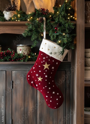 Christmas stocking handing from an antique wood cabinet decorated for the holiday season. photo