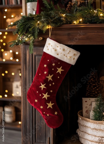 Christmas stocking handing from an antique wood cabinet decorated for the holiday season. photo