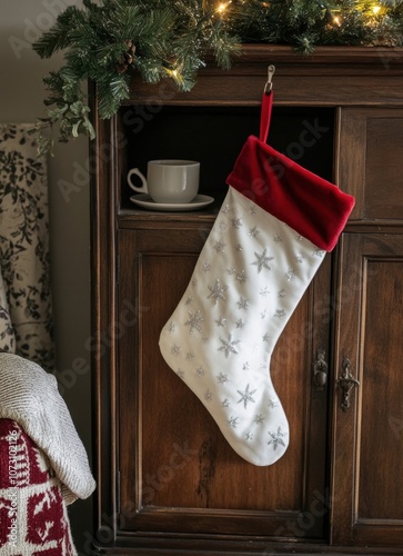 Christmas stocking with silver stars, in an antique wood cabinet decorated for the holiday season. photo