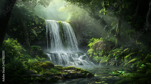 A picturesque secret waterfall surrounded by ancient trees and ferns, creating a peaceful oasis for wildlife 