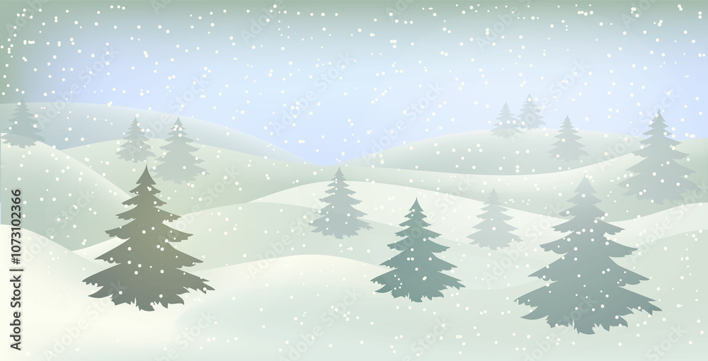 Fototapeta premium Winter landscape. Christmas card. Happy New Year card. A Christmas winter landscape with drifts of snow. 3D realistic snow background. Snow drifts isolated on hilly background. Christmas illustration