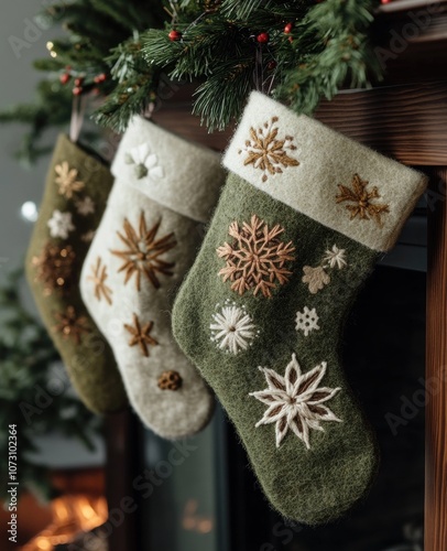 Christmas stocking handing from an antique wood cabinet decorated for the holiday season. photo