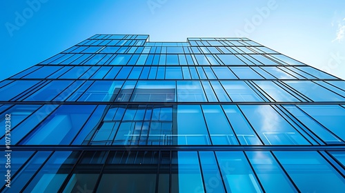 A low-angle shot of a modern office building with a blue sky and clouds in the background.