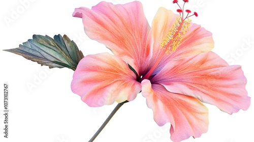 A vibrant hibiscus flower with pink and orange hues, showcasing its delicate petals and structure.