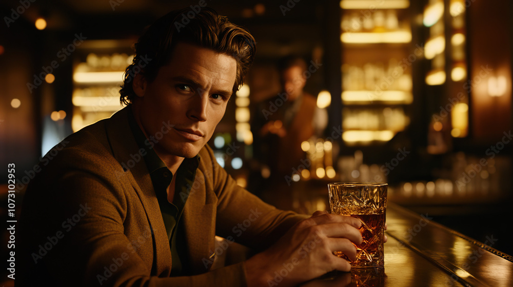 Man Sitting Alone at Dimly Lit Bar, Holding Glass of Whiskey with Thoughtful Expression, Focused on Drink with Blurred Background of Empty Bar Stools and Bartender in Distance Man Sitting Alone at Dimly Lit Bar, Holding Glass of Whiskey with Thoughtful Expression, Focused on Drink with Blurred Background of Empty Bar Stools and Bartender in Distance