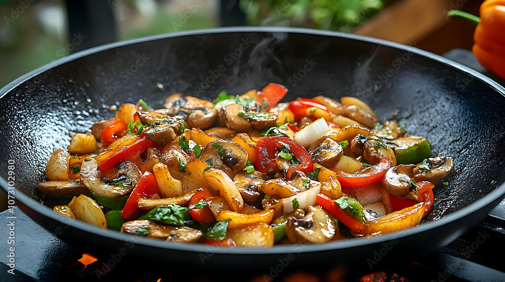 Sautéed Mushrooms, Peppers, and Onions in a Wok Sautéed Mushrooms, Peppers, and Onions in a Wok