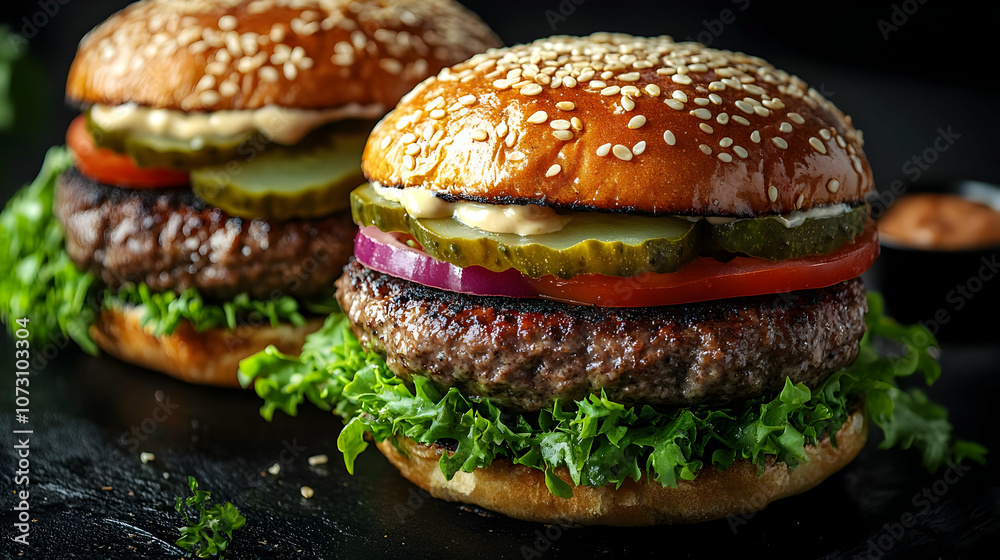 Juicy Cheeseburger with Sesame Seed Bun - Food Photography Juicy Cheeseburger with Sesame Seed Bun - Food Photography