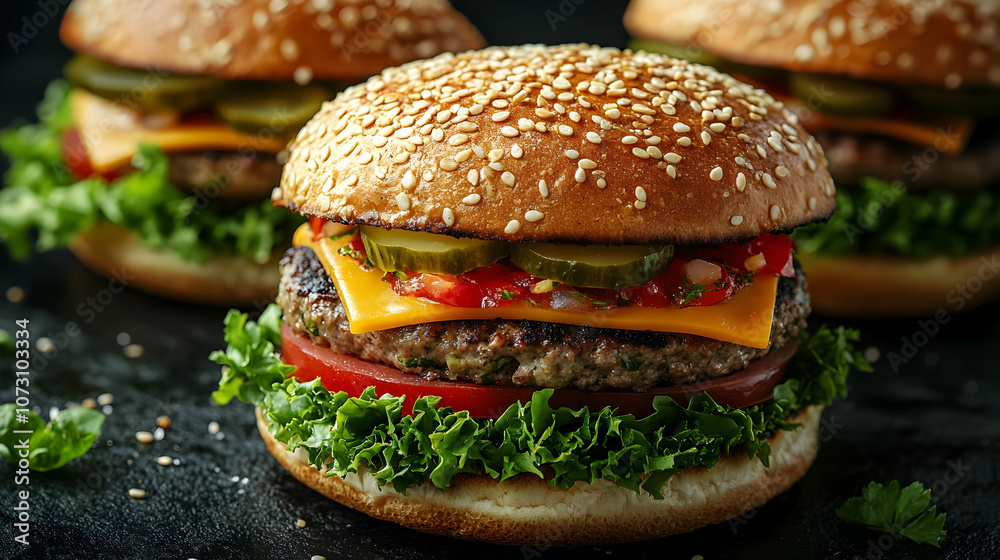 Close-Up of a Juicy Cheeseburger with Pickles, Lettuce, and Tomato - Food Photography Close-Up of a Juicy Cheeseburger with Pickles, Lettuce, and Tomato - Food Photography