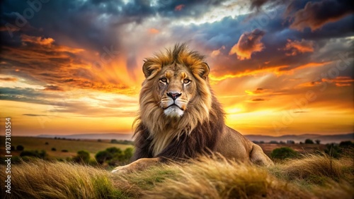 Regal Lion Portrait in the Savannah Captivatingly Illuminated by Warm Light with Rich Details Capturing the Majesty of Nature in a Long Exposure Style