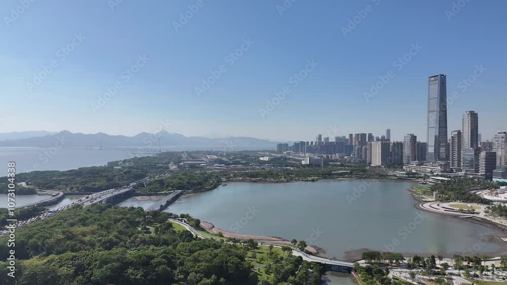 Skyview the coastal ecological landscape of China Greater Bay Area Shenzhen near Hong Kong with city rapid growth technological innovation and diverse culture showcasing a financial manufacturing hub.