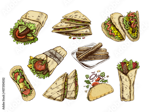 Hand-drawn set of realistic mexican dishes and products. Vintage sketch drawings of Latin American cuisine. Vector ink illustration. Mexican culture. Latin America.