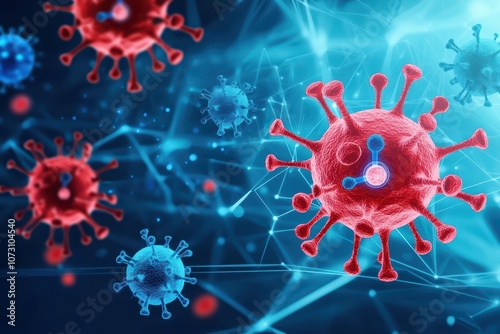 3D render of virus particles in a blue scientific background, representing studies in virology and immunology.