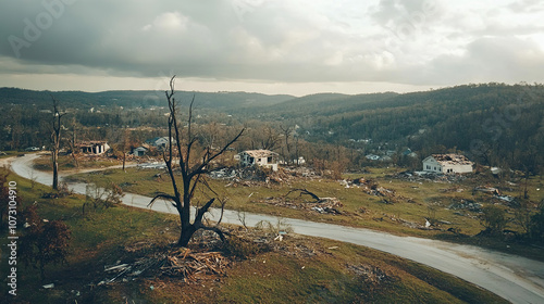 Aerial View of Coastal Town Devastated by Hurricane, Featuring Uprooted Trees, Destroyed Buildings, and Debris Scattered Across the Landscape, Under an Overcast Sky Emphasizing Storm Aftermath