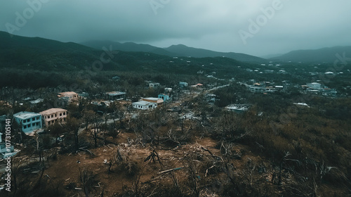Aerial View of Coastal Town Devastated by Hurricane, Featuring Uprooted Trees, Destroyed Buildings, and Debris Scattered Across the Landscape, Under an Overcast Sky Emphasizing Storm Aftermath