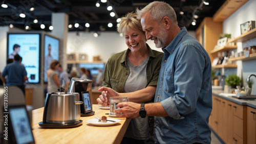 Joyful Middle-Aged Couple Exploring Smart Kitchen Appliances in Modern Tech Store | Home Improvement Advertising