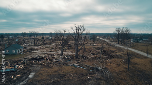 Aerial View of Coastal Town Devastated by Hurricane, Featuring Uprooted Trees, Destroyed Buildings, and Debris Scattered Across the Landscape, Under an Overcast Sky Emphasizing Storm Aftermath