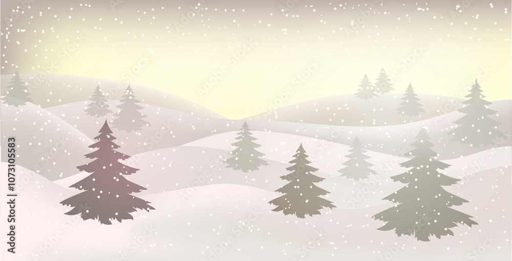 Winter landscape. Christmas card. Happy New Year card. A Christmas winter landscape with drifts of snow. 3D realistic snow background. Snow drifts isolated on hilly background. Christmas illustration