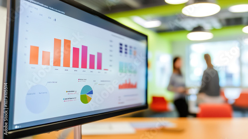 Close-up of Digital Screen Displaying Labor Market Graph with Job Openings and Employment Rates, Set Against Blurred Office Background with Copy Space for Text, Highlighting Economic Trends