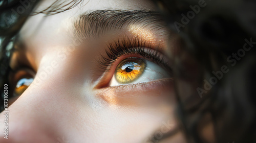  Close-up of Person’s Eyes Focusing on Tiny, Blurry Object in Distance, Symbolizing Short-Sightedness, Background Softly Blurred to Emphasize Eyes with Natural Light Creating Gentle Glow