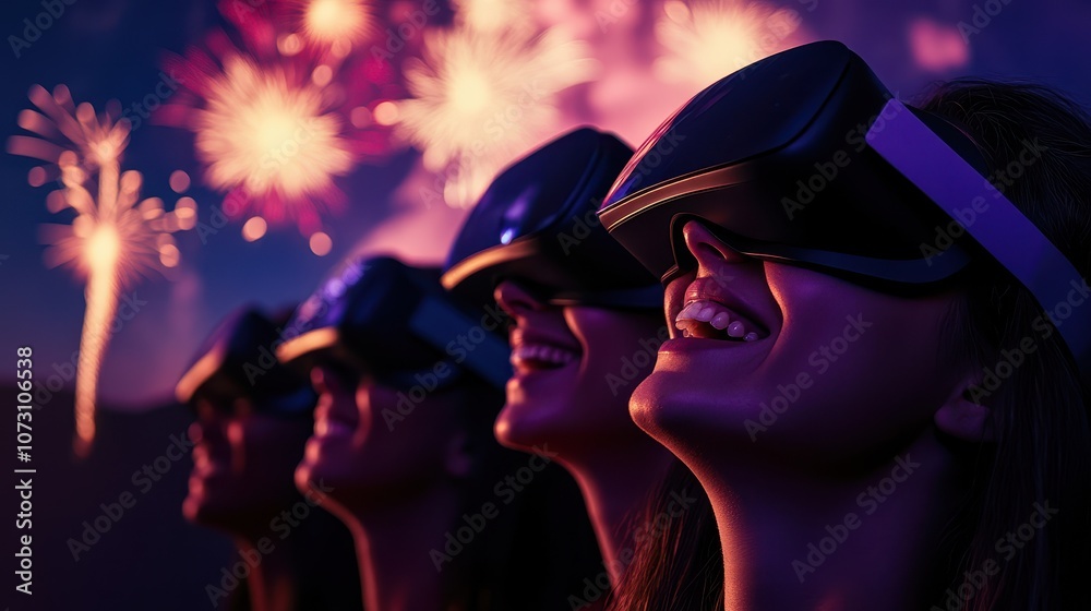 A Group of Friends Enjoying a Festive Celebration While Wearing Virtual Reality Headsets, Smiling, and Cheering Under Fireworks in a Colorful Night Sky A Group of Friends Enjoying a Festive Celebration While Wearing Virtual Reality Headsets, Smiling, and Cheering Under Fireworks in a Colorful Night Sky