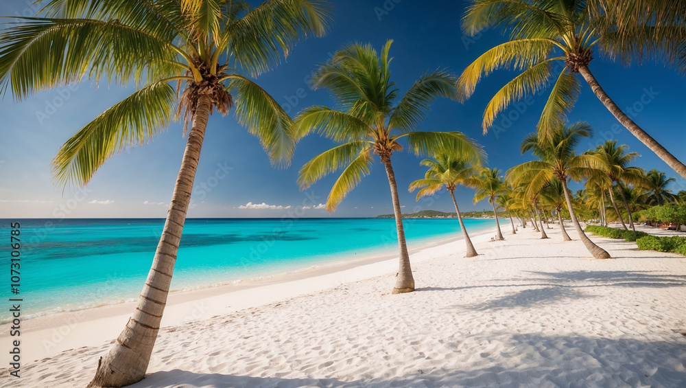 A beautiful beach with palm trees and a blue ocean A beautiful beach with palm trees and a blue ocean