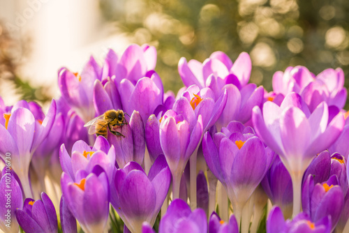 Violette Krokus Blumen im Frühling mit fliegenden Bienen die Honig sammeln, Deutschland