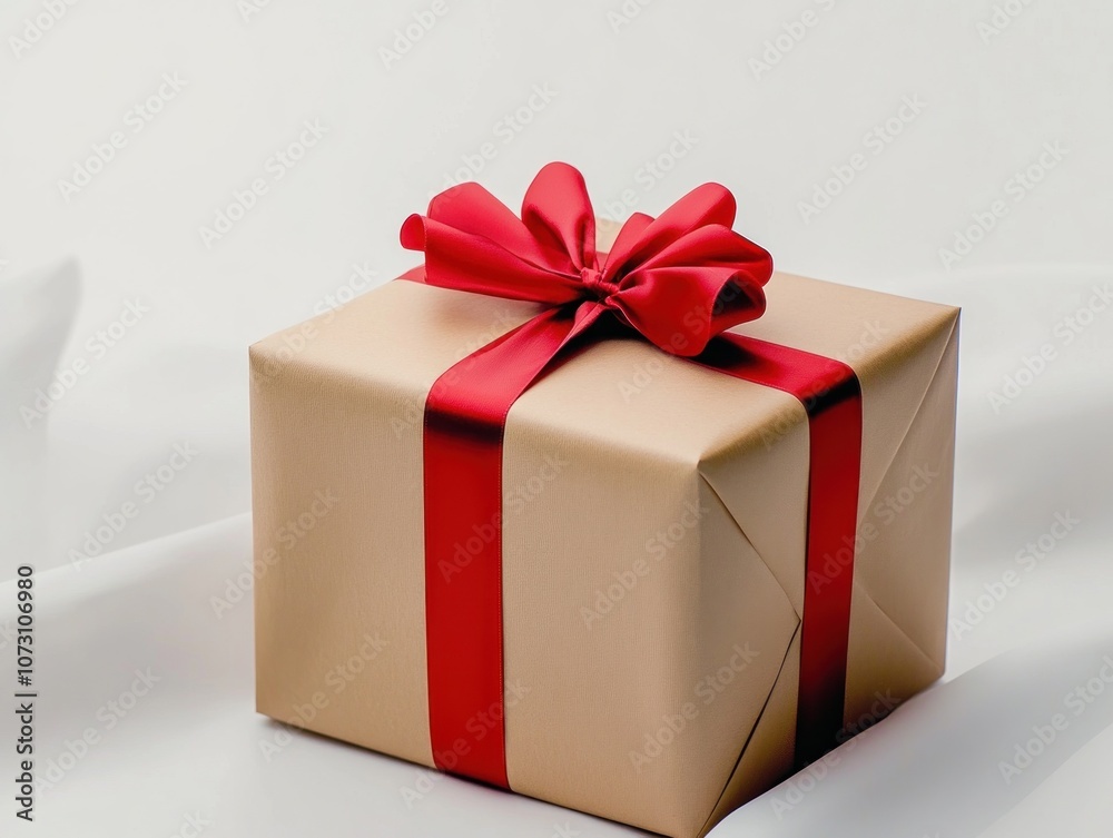 Fototapeta premium Wrapped Brown Gift Box with Red Ribbon