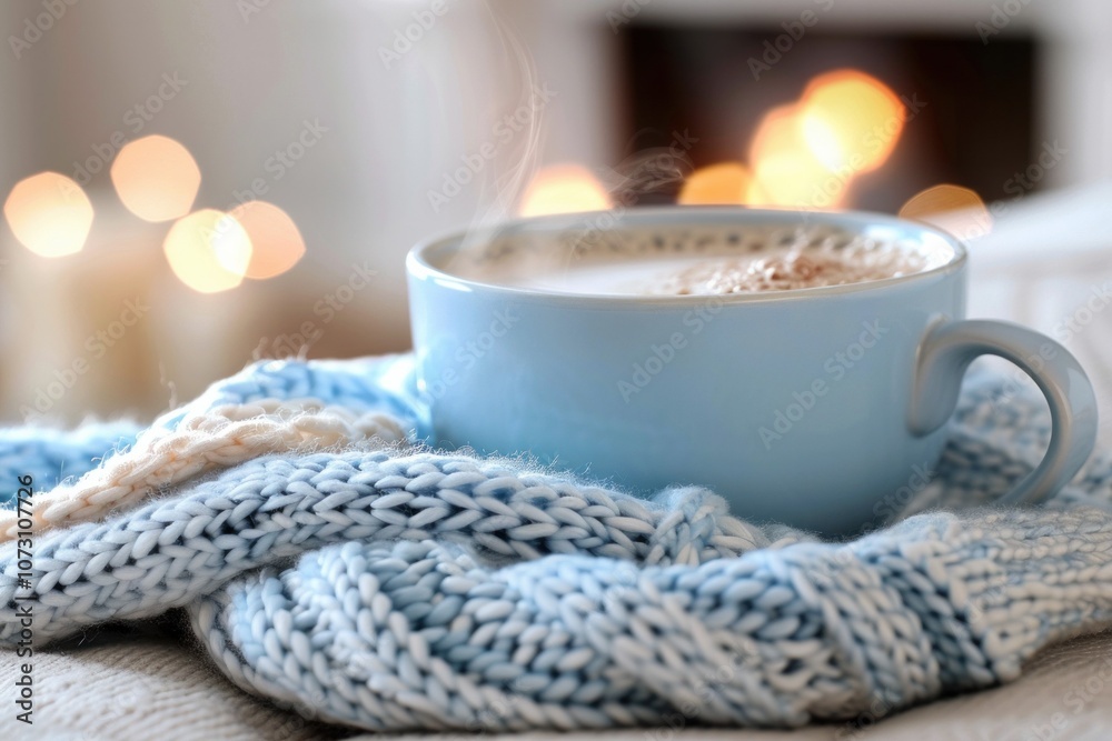 Steaming coffee cup wrapped in a soft knitted blanket, creating a cozy winter ambiance perfect for relaxation and warmth Steaming coffee cup wrapped in a soft knitted blanket, creating a cozy winter ambiance perfect for relaxation and warmth