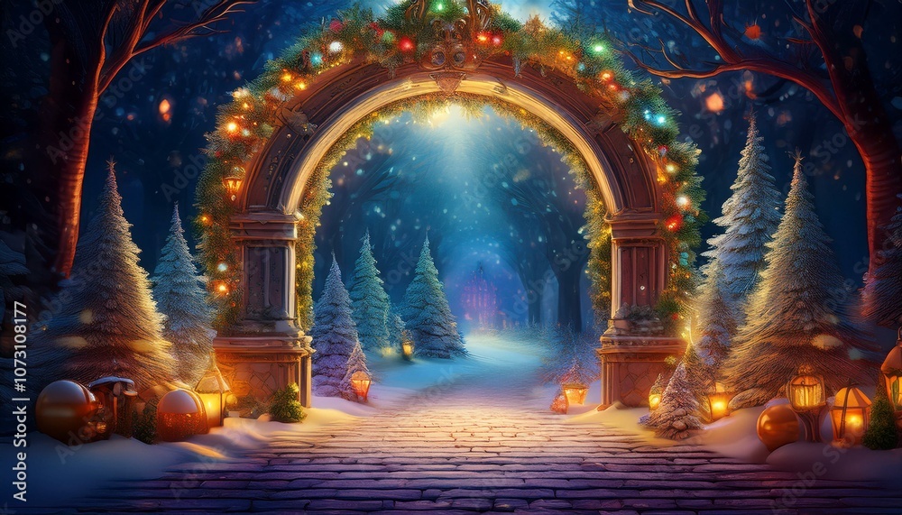 Magical portal decorated with garlands and Christmas lights, leading to an enchanted forest Magical portal decorated with garlands and Christmas lights, leading to an enchanted forest